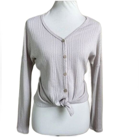 Paper Crane Pale Pink/Cream Waffle Knit Button Down Tie Up Top (Medium) - Picture 4 of 10